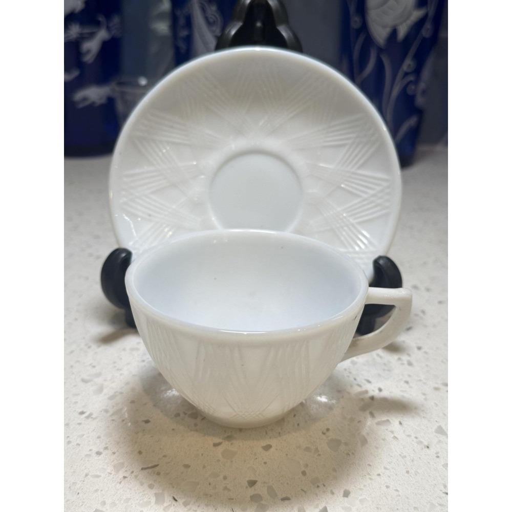 Hazel Atlas Starlight Tea Cup And Saucer Mid Century Art Deco Milk Glass